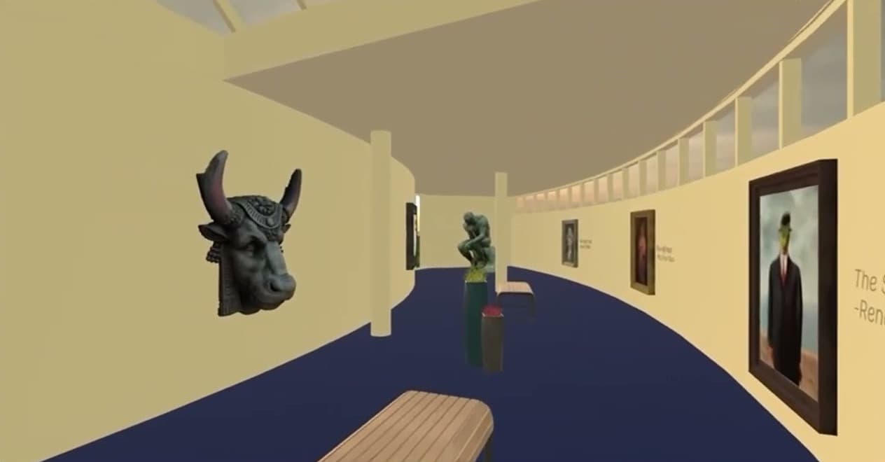 AimMetafy: the interactive virtual museum, with sculptures and framed paintings along a curved gallery (still from the official walkthrough video)