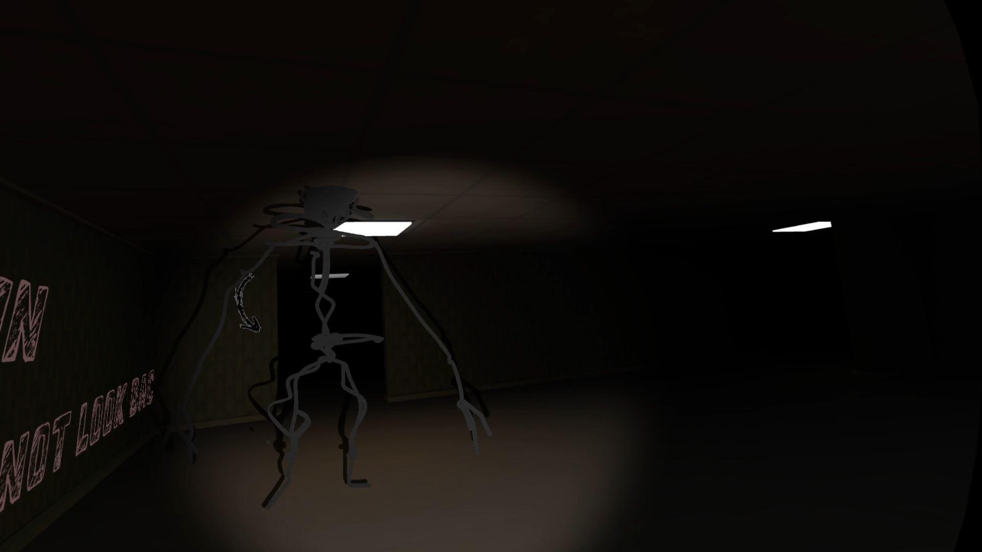 Backrooms VR: a tall wire-limbed entity standing under a ceiling light in a dark corridor