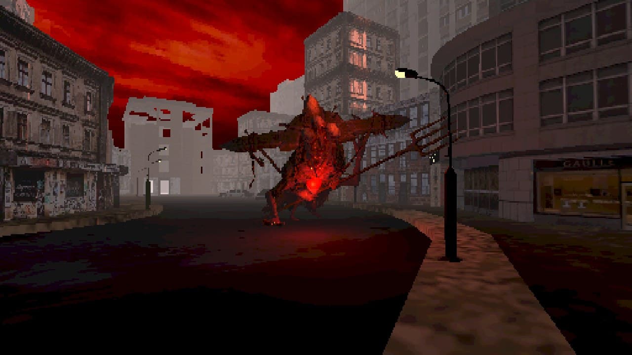 HELLSCAPE: a three-headed creature with a glowing heart crouches in a street under a red sky, rendered in a low-resolution PS1 style