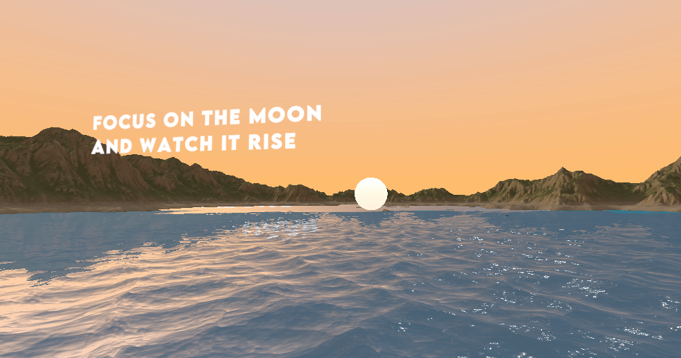AimMetafy: a calm lakeside scene at sunset with a moon rising over the mountains and the prompt "Focus on the moon and watch it rise"