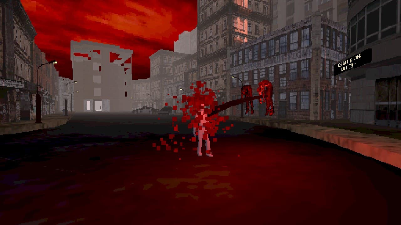 HELLSCAPE: a figure breaking apart into red fragments in the street as two bodies are drawn toward it