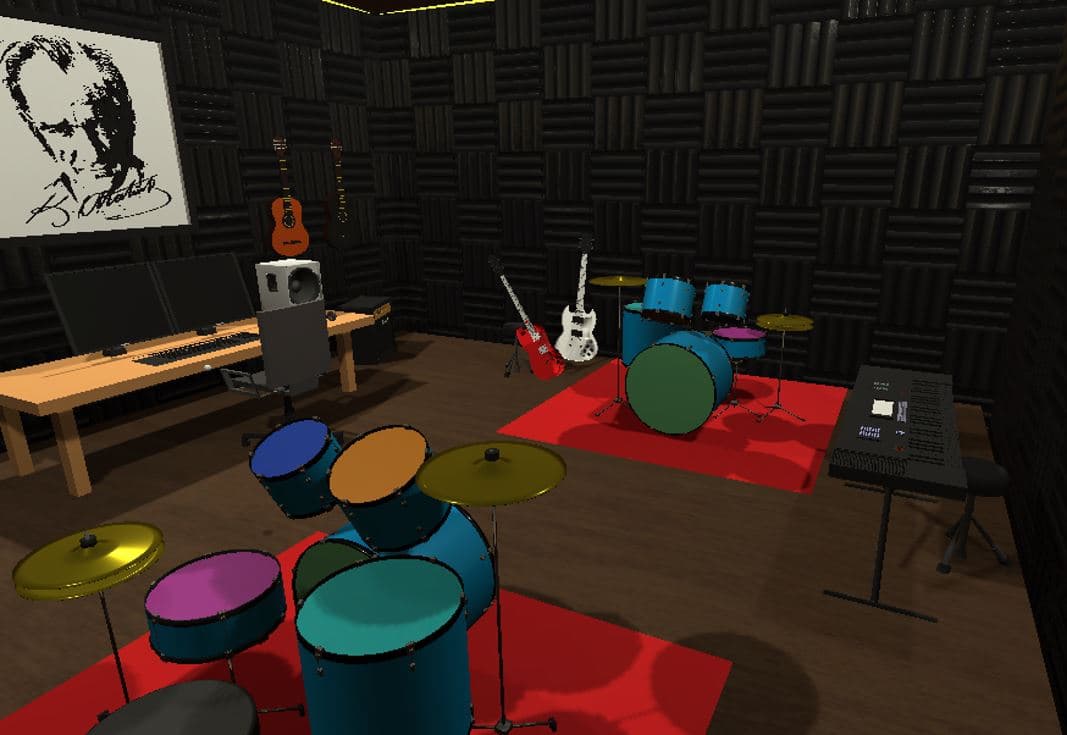 VR Musical Instrument Class: the classroom with drum kits, guitars and a keyboard