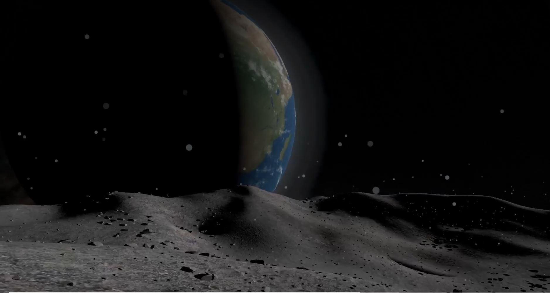 Space Exploration VR: Earth rising over a grey lunar surface