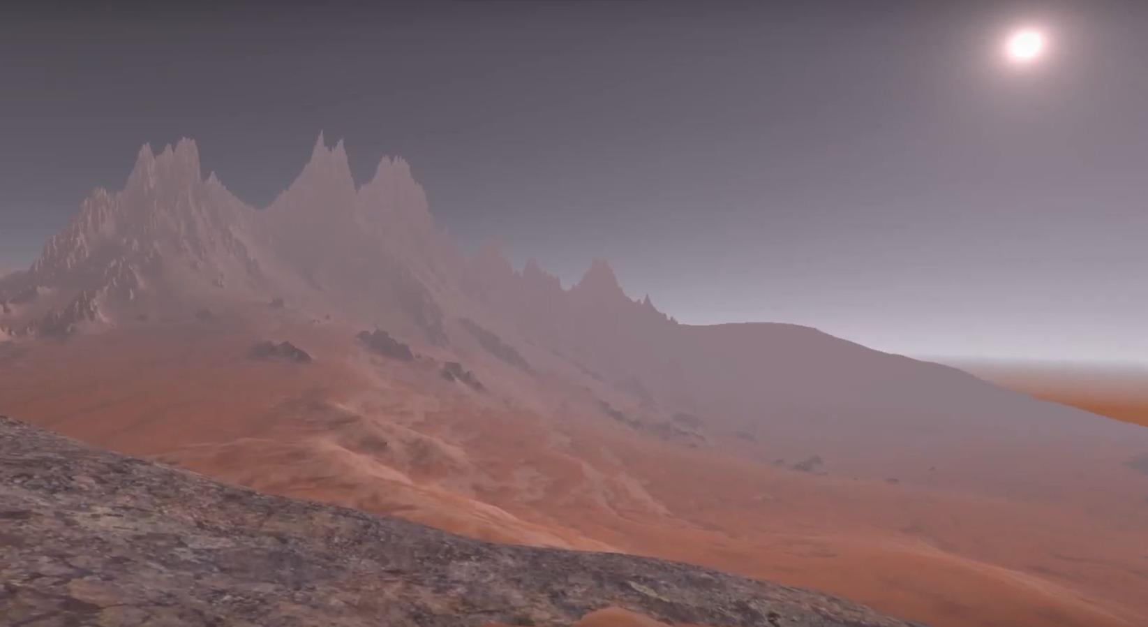 Space Exploration VR: jagged mountains on a hazy red planet surface