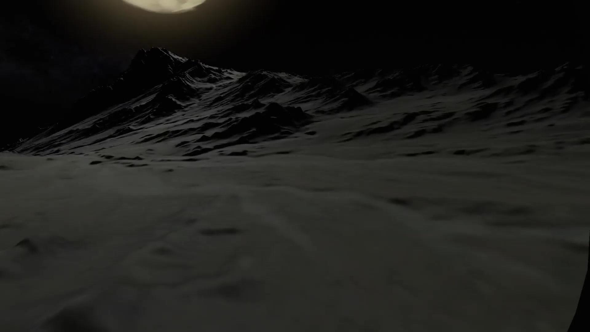 Space Exploration VR: a dark mountain range under a pale moon