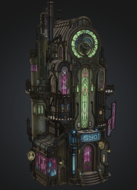 Zaun city bar: a tall chempunk building with stained glass and neon signage